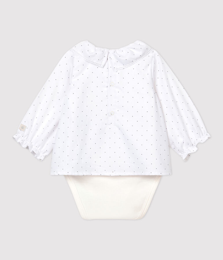 Bbody a maniche lunghe e colletto beb&egrave; femmina in twill di cotone biologico bianco/grigio